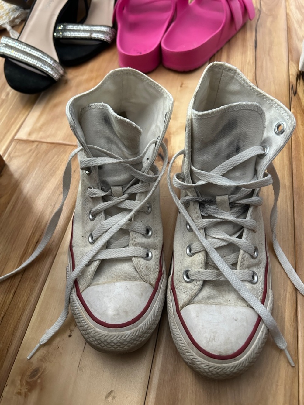 White High-Top converse Sneakers with Red Trim